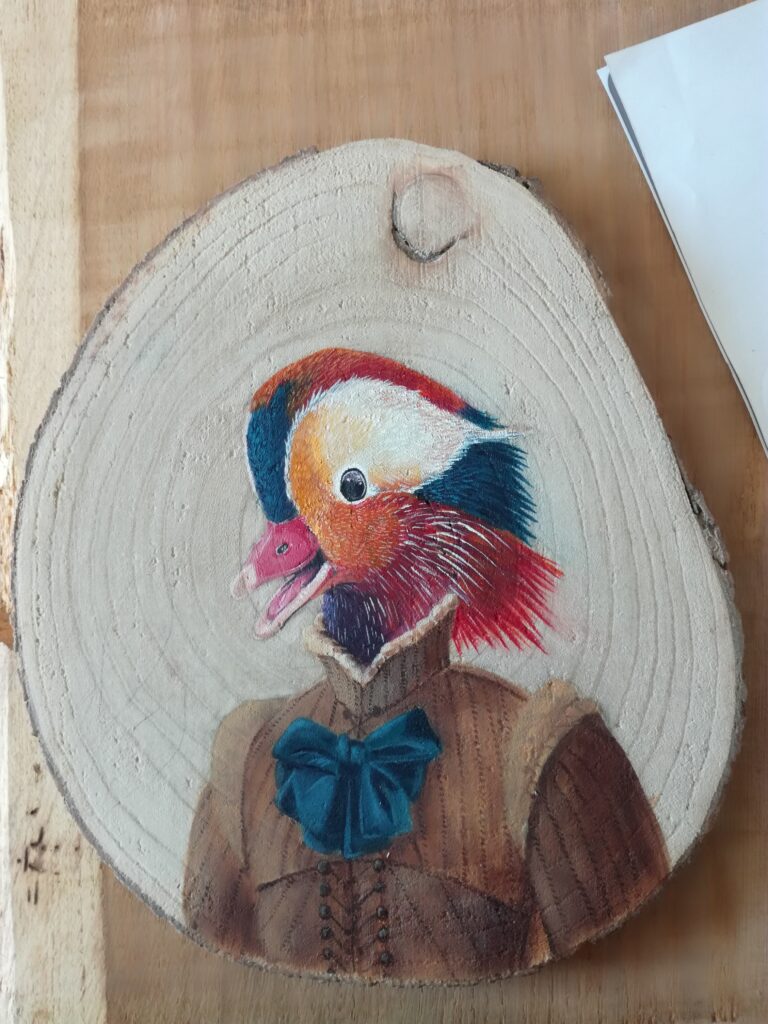 Canard Mandarin peinture portrait  acrylique chartres Lucé Béta-machine Eure-et-Loir bois